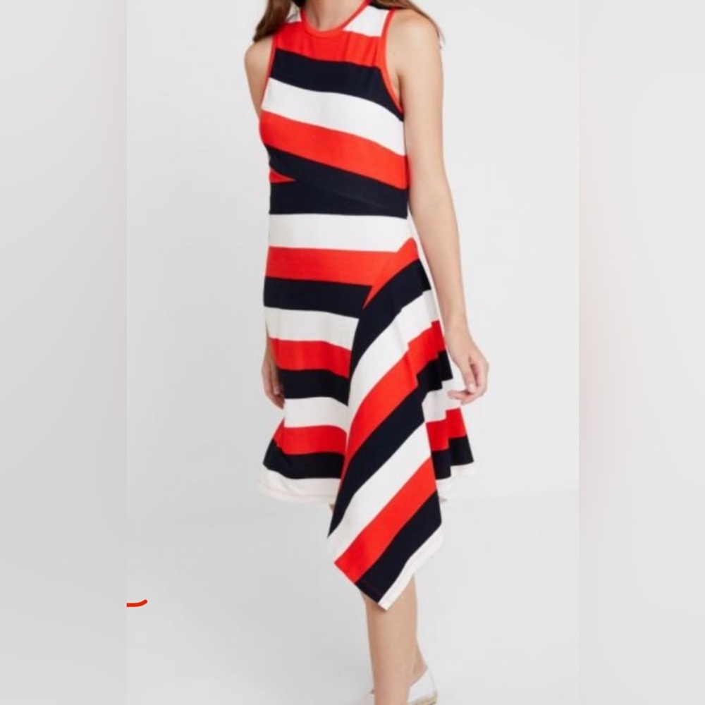 Banana Republic Asymmetrical Orange, Navy, and Cream Dress- Size Large Tall - Picture 3 of 14